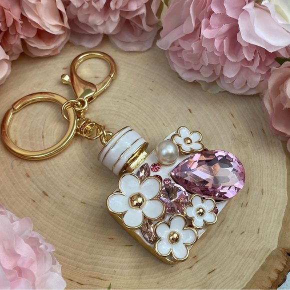 Pink Crystal Flower Perfume Bottle Keychain Charm - Picture 11 of 16